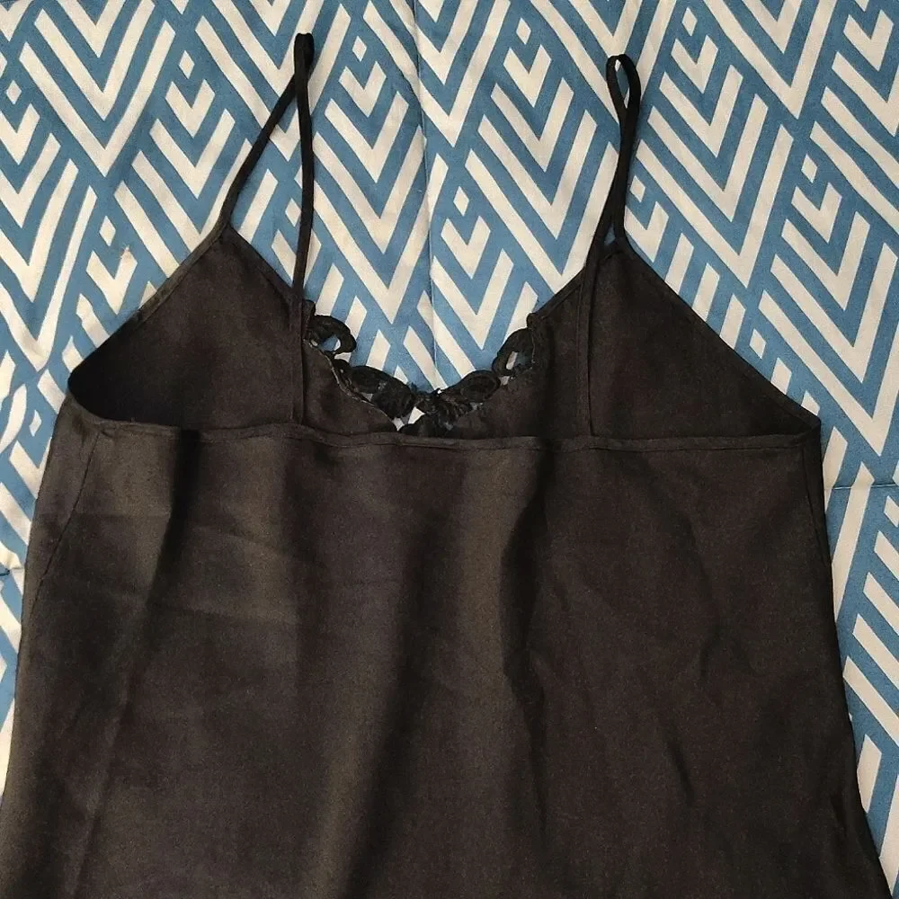 VTG 80s Black Satin Floral Crochet Mini Intimates Slip Dress Size Large - Picture 8 of 12